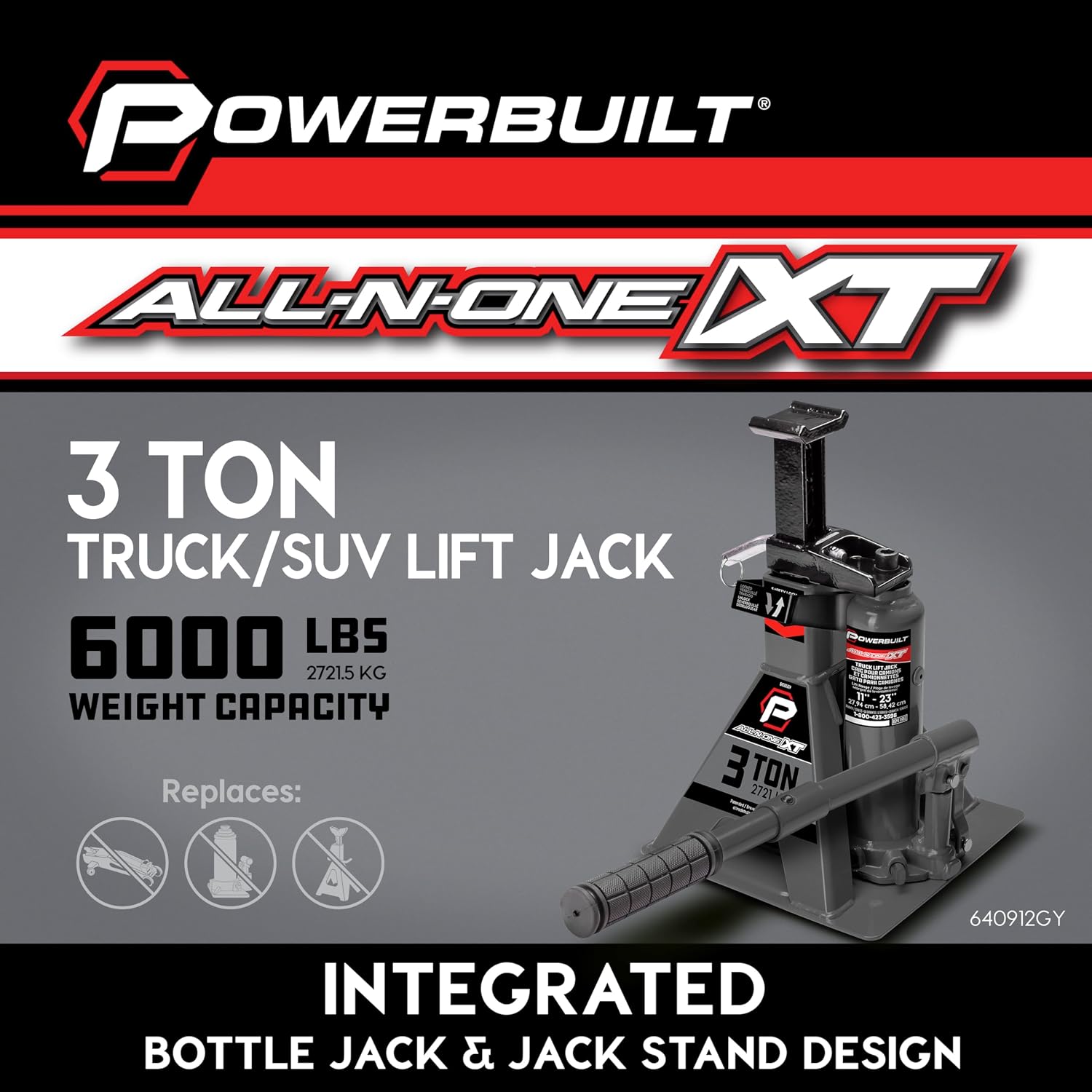 3 Ton All-in-One Hydraulic Bottle Jack and Jackstand in One, Compact, Wide Base, 11-21 Inch Range, Eliminates