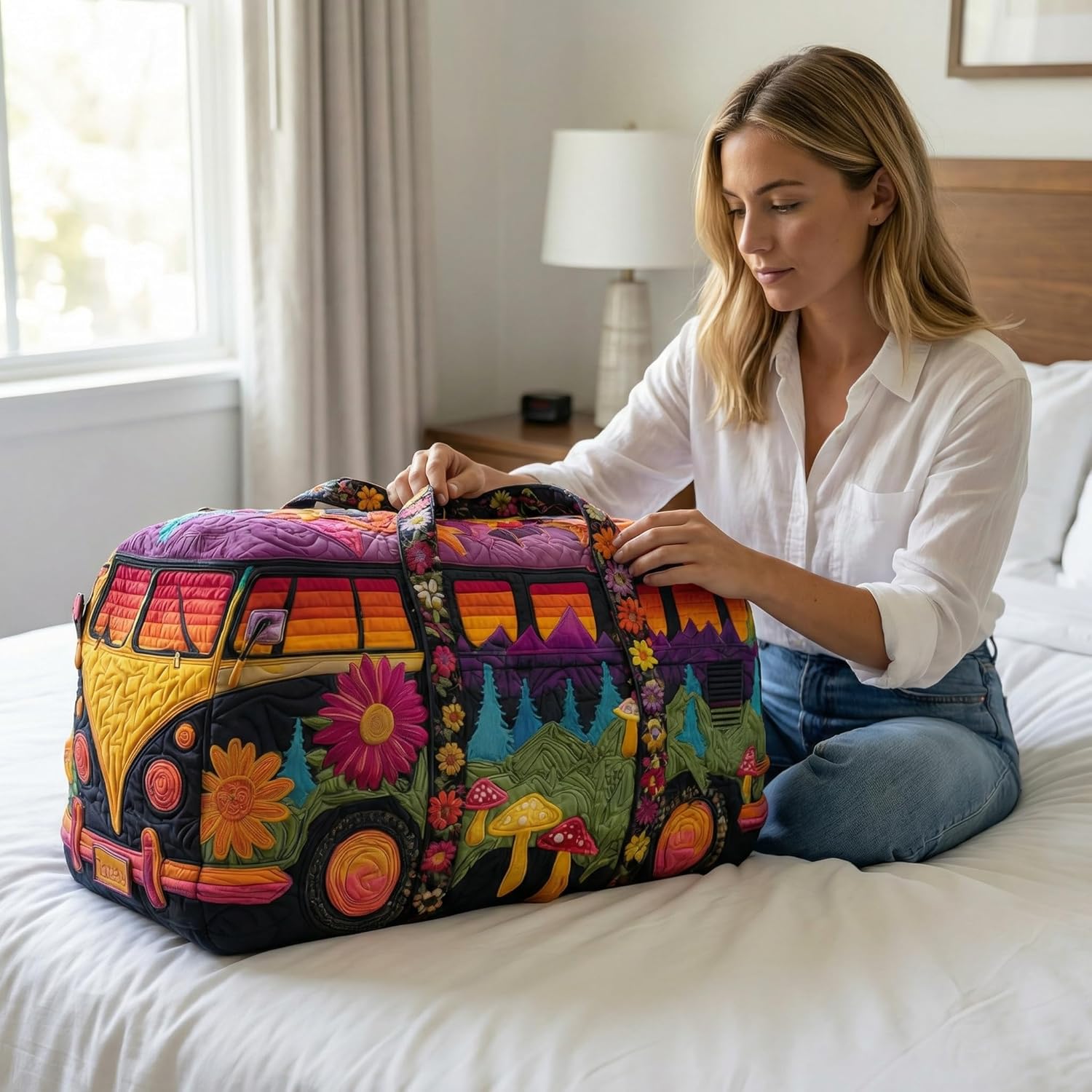 Hippie Journey Quilted Duffel Bag Vintage Floral Hippie Van Travel Duffle Bag Boho Travel Weekender Bags Overnight