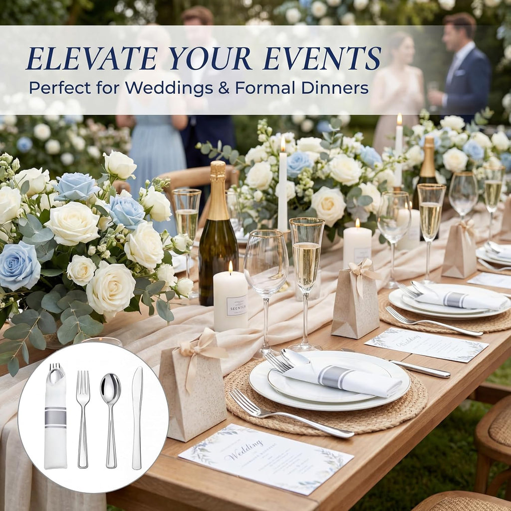 100 Pack Silver Plastic Silverware-Pre Wrapped cutlery and Napkin-Pre Rolled Silverware Disposable 100 Forks, 100