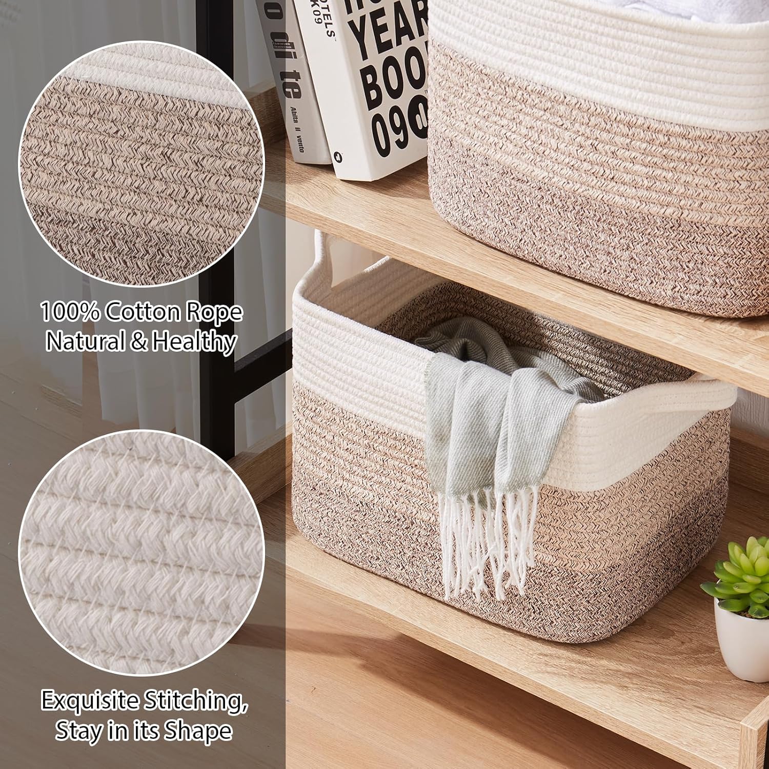 Storage Baskets for Organizing, Woven Baskets for Shelves, Rectangle Decorative Organizer for Storage Clothes, Toy