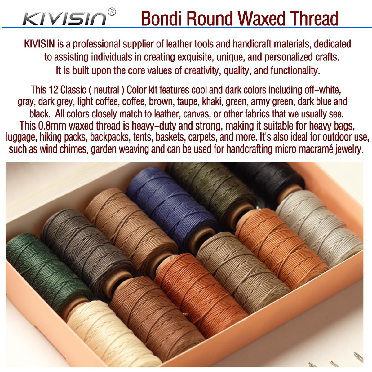 0.8mm Heavy Duty Waxed Polyester Thread for Leather Sewing and Bookbinding