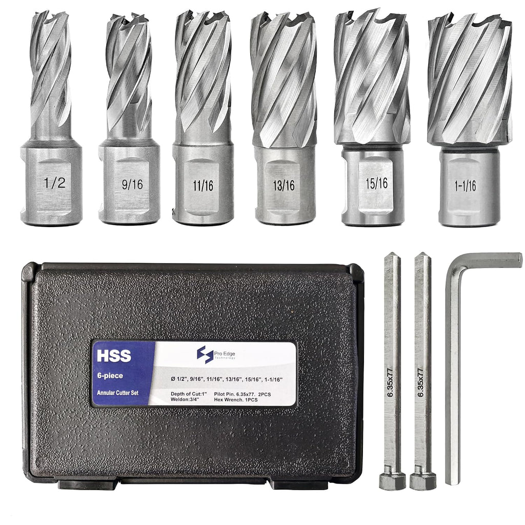 6pcs Annular Cutter Set 1" Cutting Depth 1/2" to 1-1/16" Mag Drill Bits