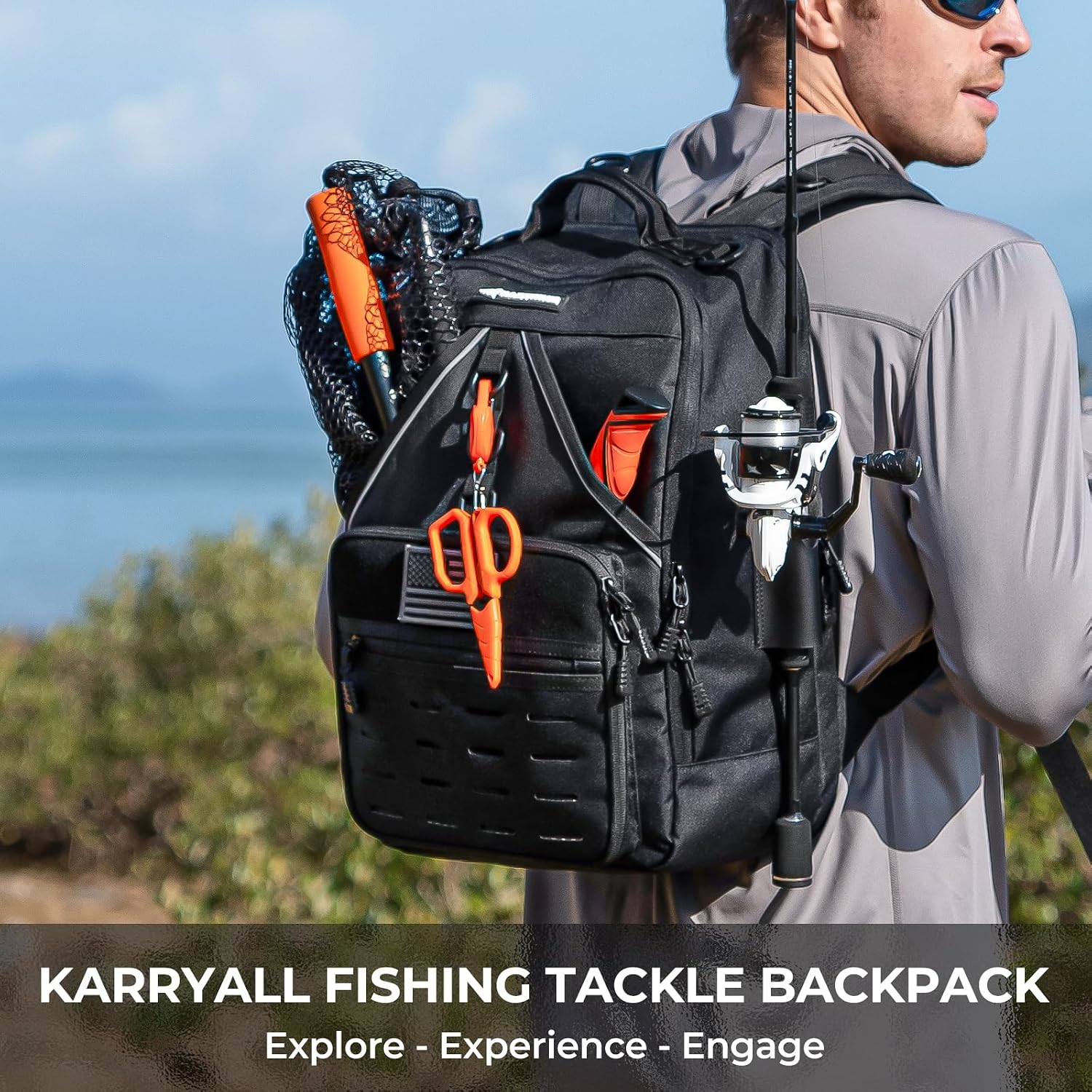 KarryAll Fishing Backpack with Rod Holder 4 Tackle Boxes, 40/26L | Tackle Bag Storage Fishing Gear and Equipment