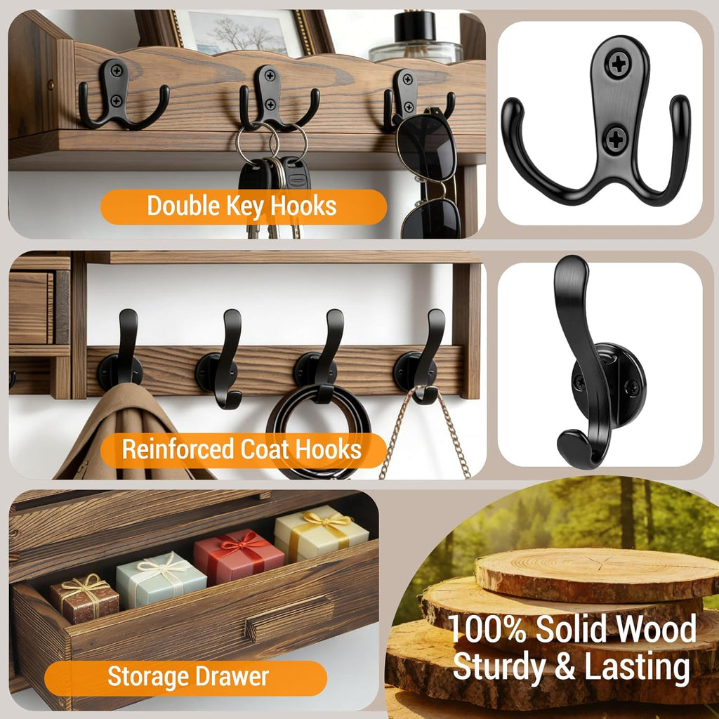 29" Coat Rack Wall Mount with Shelf & Drawer, Heavy Duty Wood Entryway Organizer, Wall Coat Hanger with 12 Metal