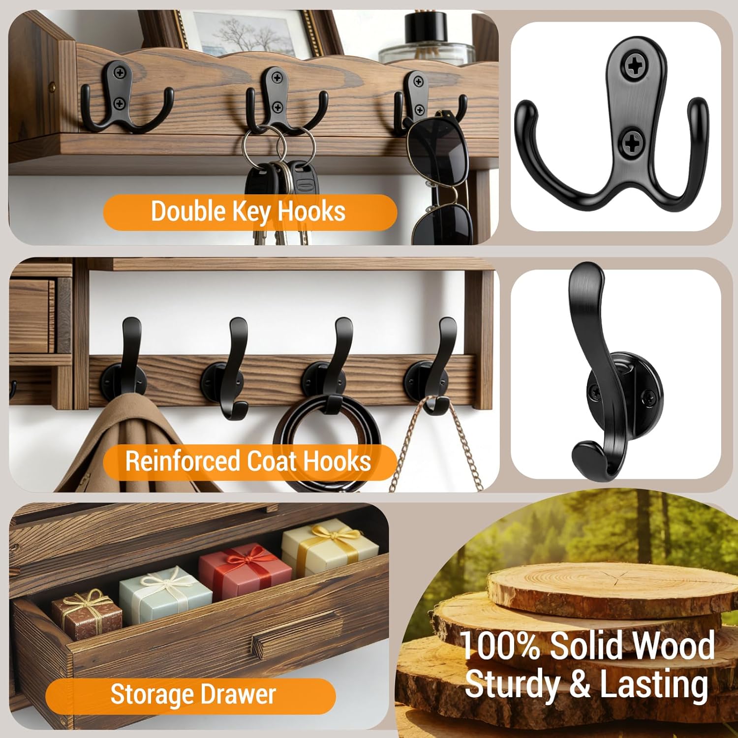 29" Coat Rack Wall Mount with Shelf & Drawer, Heavy Duty Wood Entryway Organizer, Wall Coat Hanger with 12 Metal