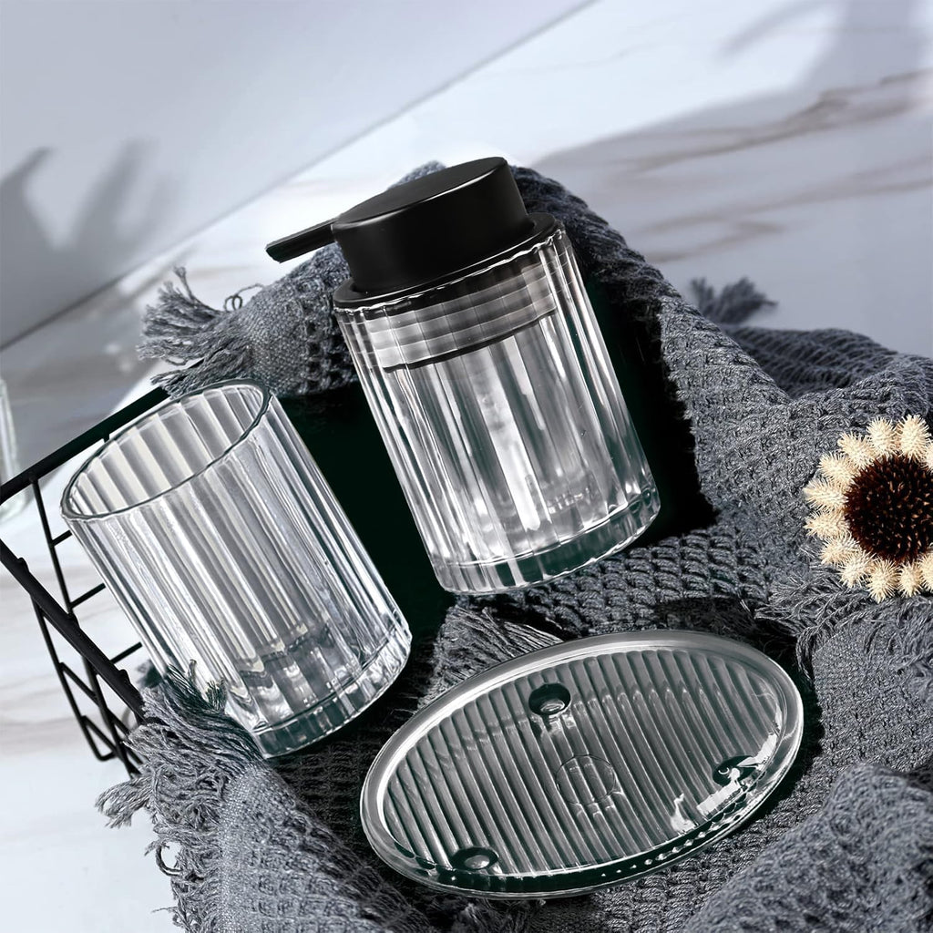 Bathroom Accessories Set, 4 PCS Glass Bathroom Set,Black Grey | Includes Soap Dispenser, Toothbrush Holder