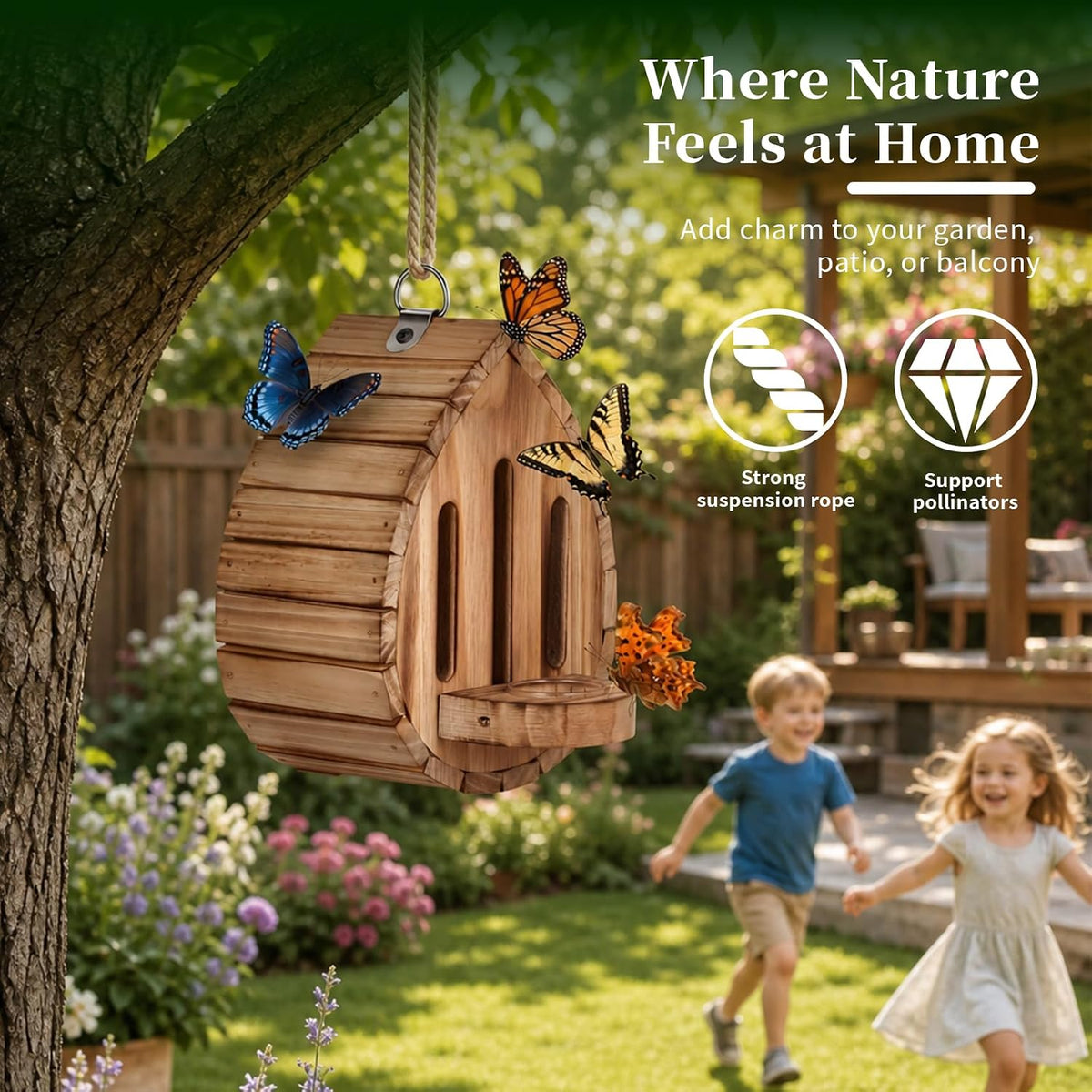 Butterfly House for Outside, Wooden Butterfly Habitat, Butterfly Feeder and Shelter, Hanging Pollinator House for