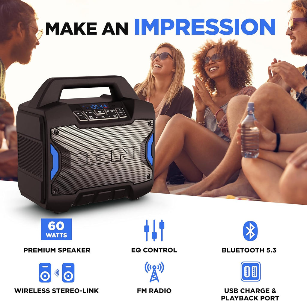 Tailgater Boom - Outdoor Portable Bluetooth Speaker with Mic in, FM Radio, USB Port, Battery, IPX5 Water-Resistant