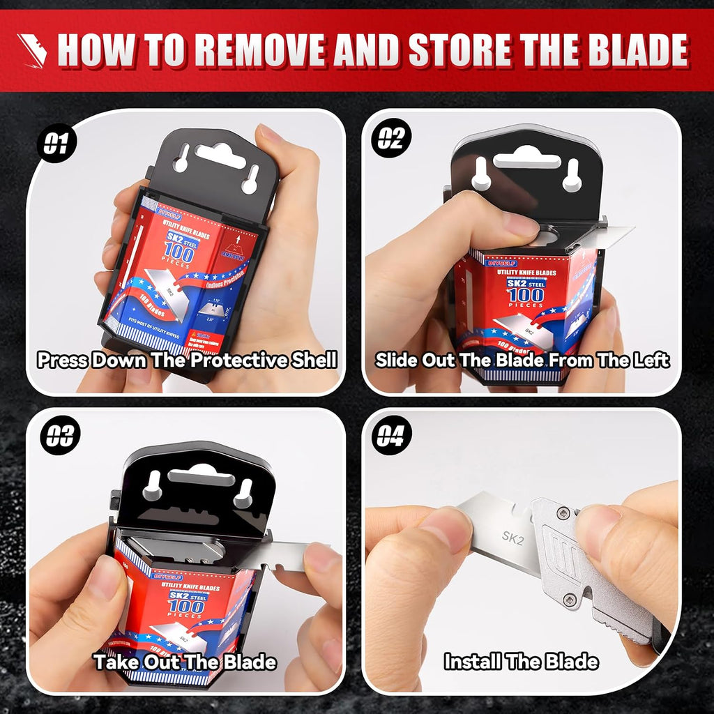 100 Pack Box Cutter Blades, SK2 Steel Utility Knife Blade Refills