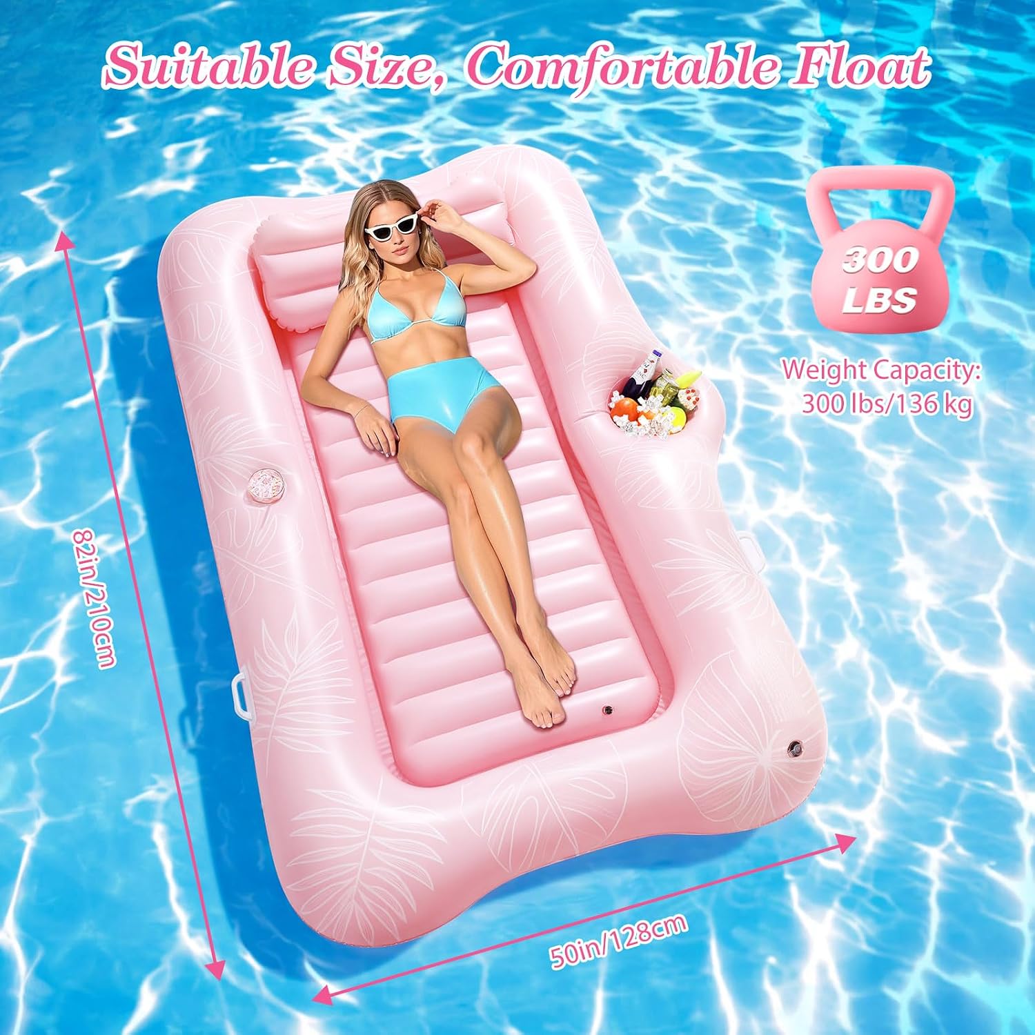 Pool Floats Adult, Large Floating Bed with Ice Bar, Tanning Bed Pool Raft Inflatable Lounger with Drink Holder
