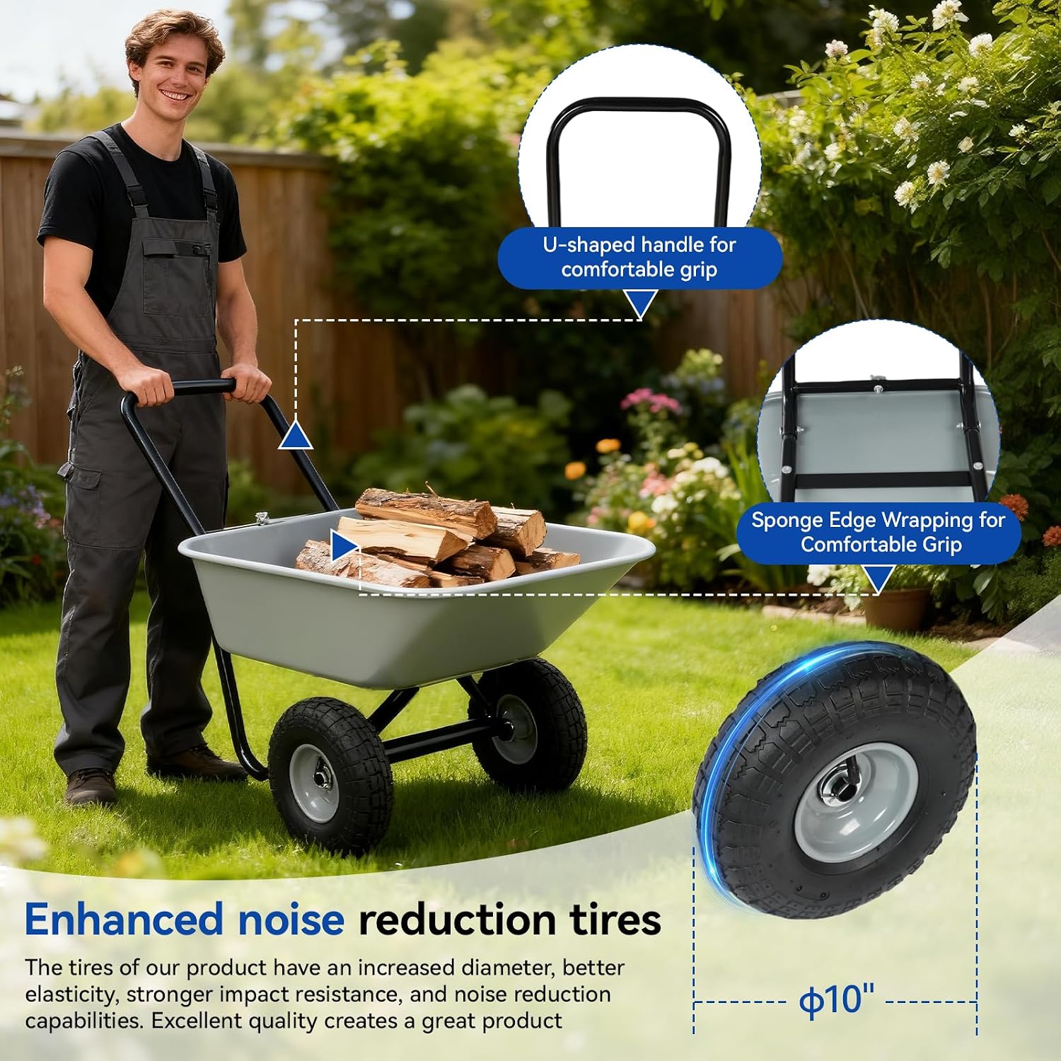 Dual Wheel Garden Wheelbarrow,Heavy Duty Yard Cart with 10“/15" Pneumatic Tires, Rustproof Poly Tray & Steel Handle