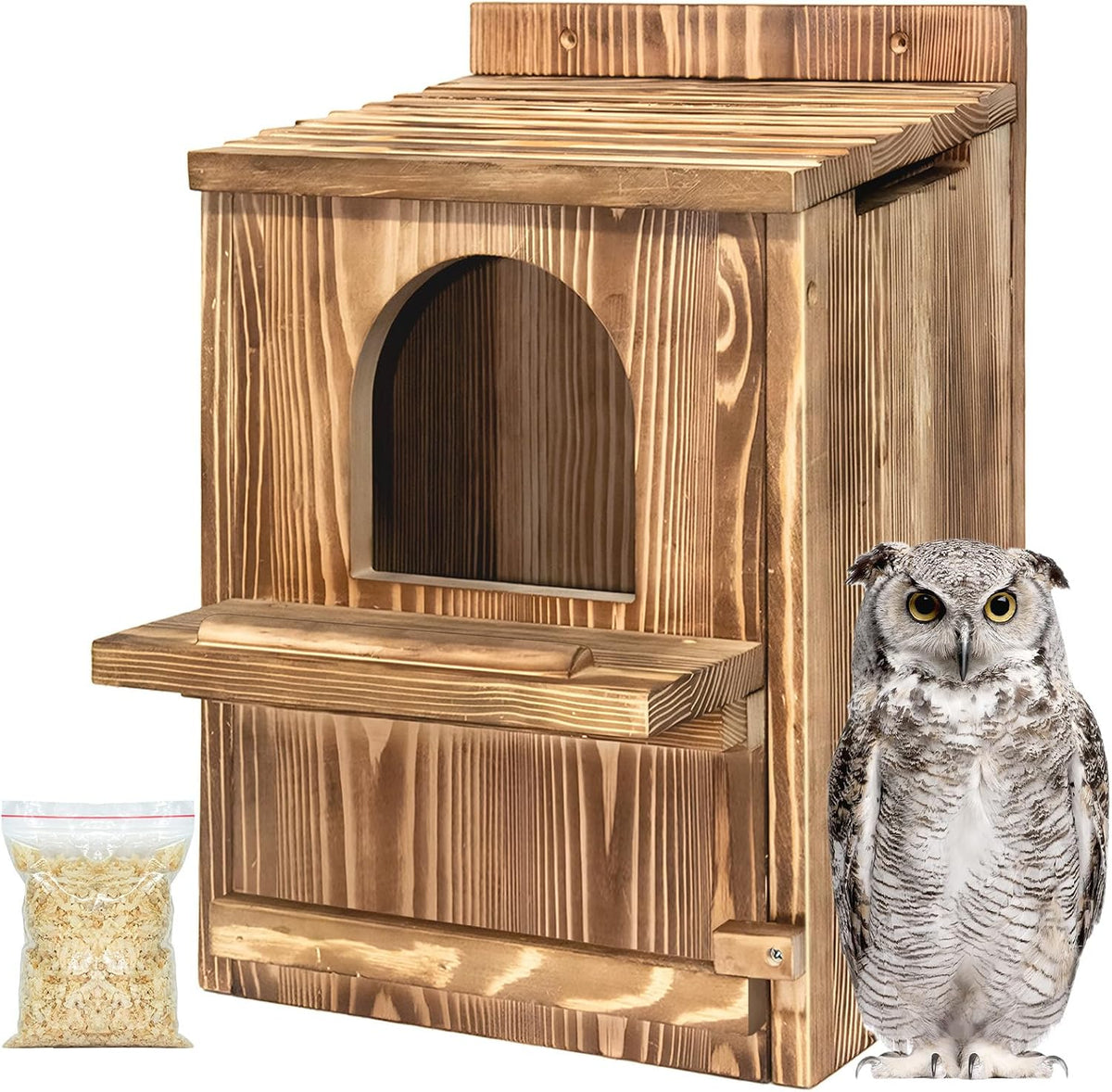 Large Owl House with Wood Shavings, Carbonized Pine Wood Nesting Box