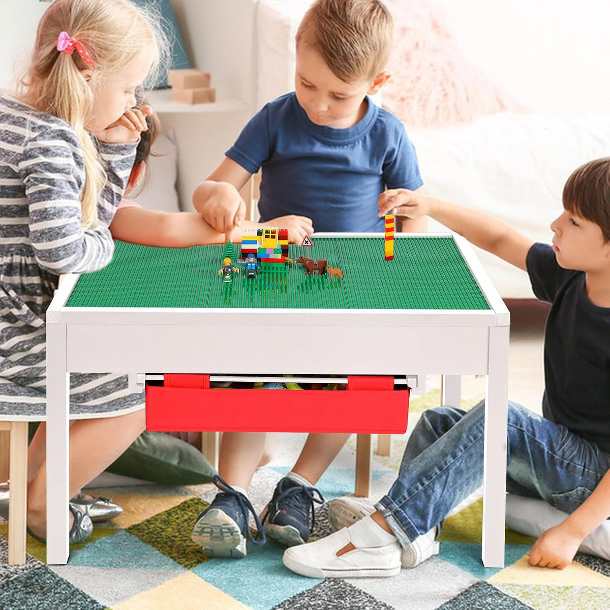 2-in-1 Kids Building Table with Storage, Wood Play Table