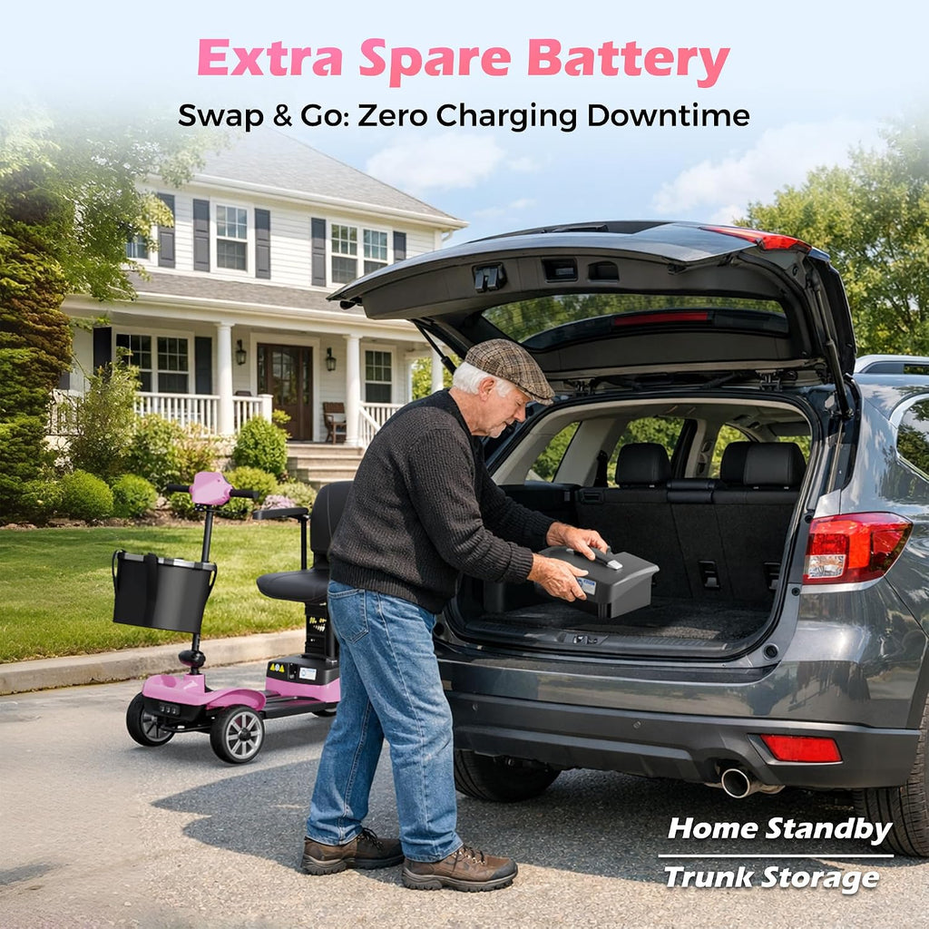 Mobility Scooter for Adults with Spare Battery – 24.8 Miles Total Range, 4-Wheel Foldable Portable Motorized Scooter