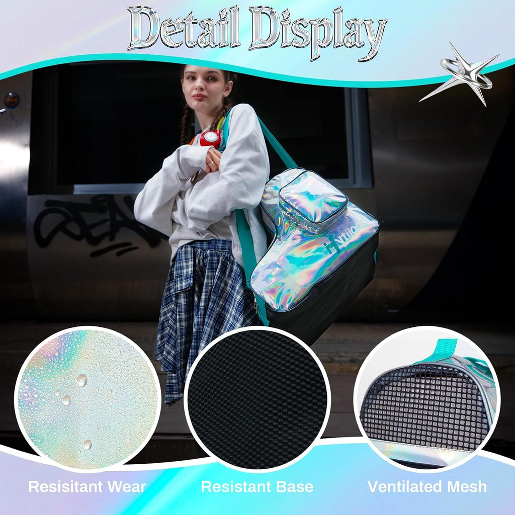 Roller Skate Bag for Inline Skates Ice Skates and Figure Skating Stylish Plain Holographic Fashion Design Spacious