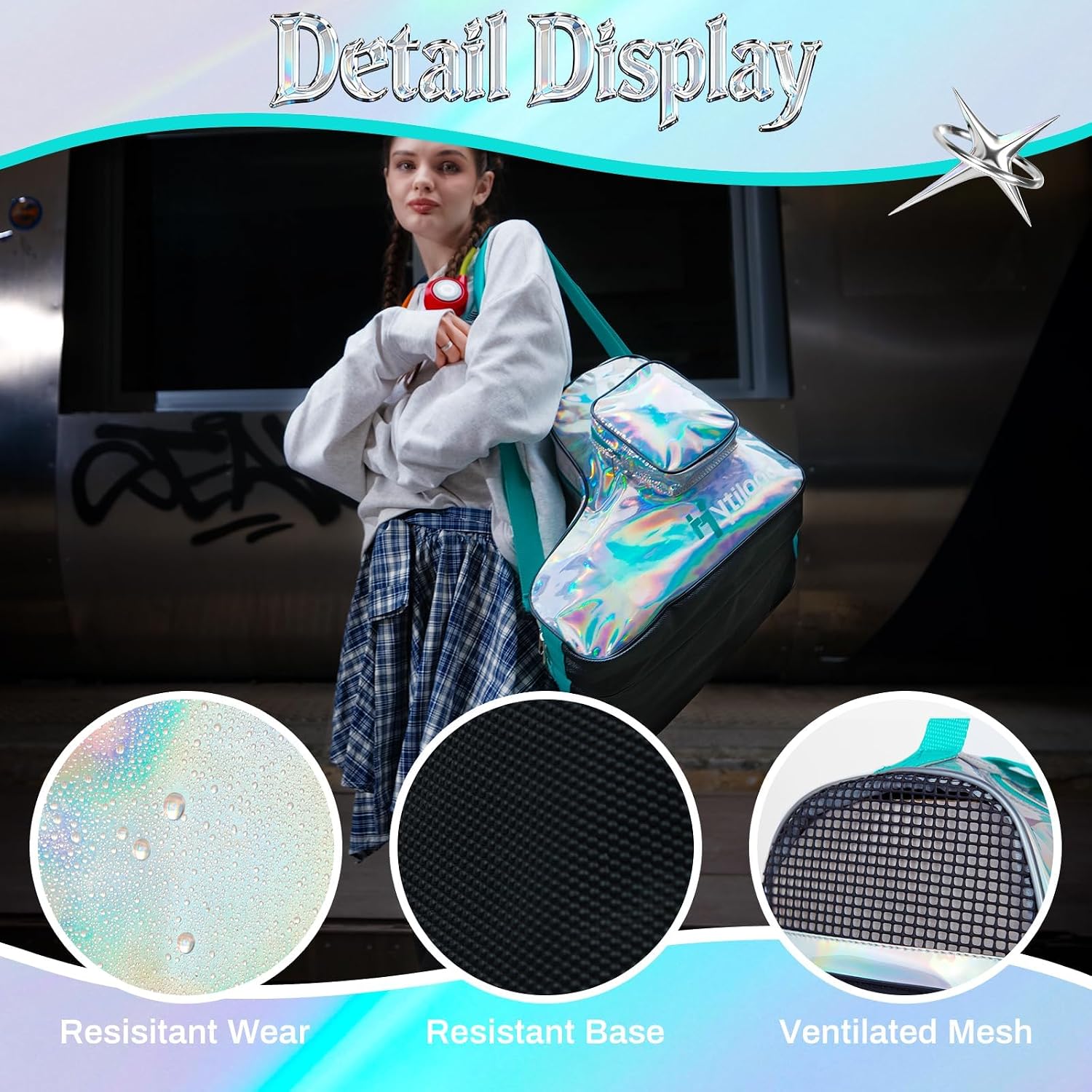 Roller Skate Bag for Inline Skates Ice Skates and Figure Skating Stylish Plain Holographic Fashion Design Spacious