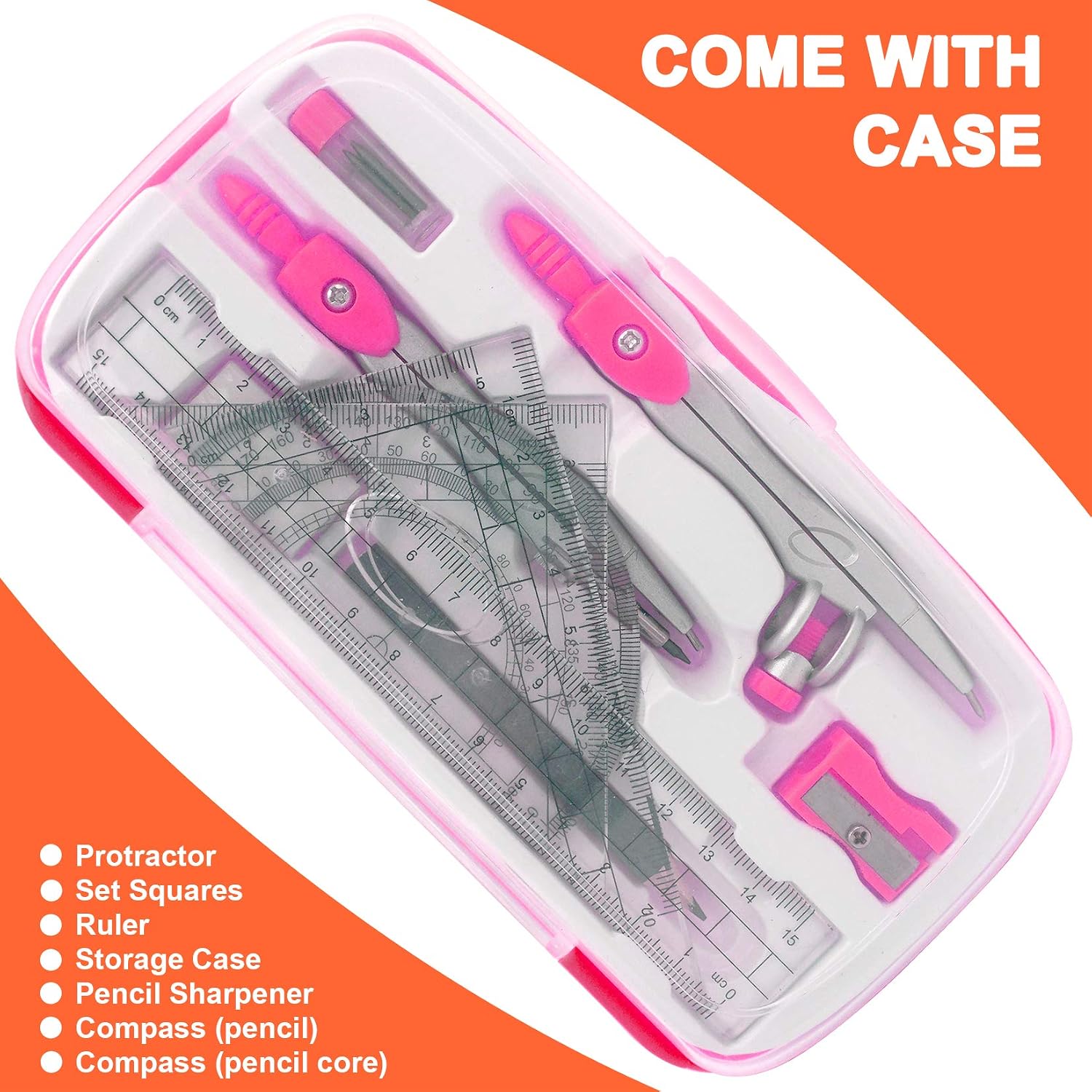 Maths Compasses Full Starter Geometry Kit with 2 Drafting Compasses Protractor 2 Set Squares Ruler Pencil and More