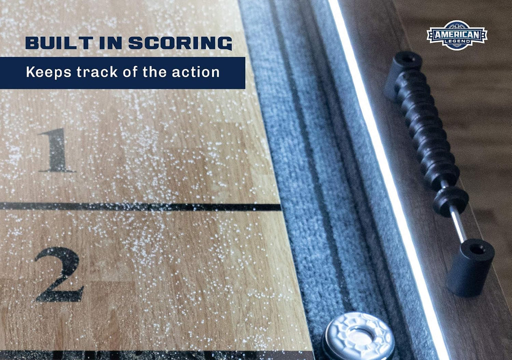 Kirkwood 9’ Shuffleboard Table with LED Rails, Bowling Game Set, Rustic Wood Finish & Accessories Included