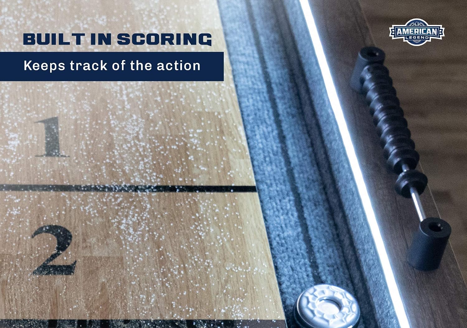 Kirkwood 9’ Shuffleboard Table with LED Rails, Bowling Game Set, Rustic Wood Finish & Accessories Included