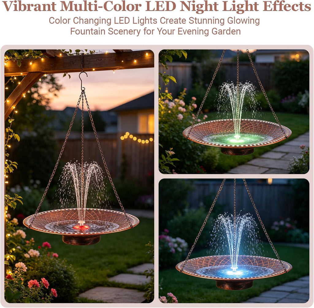 19.6" Large Bird Bath with Solar Fountain, LED & Battery Hanging Birdbath