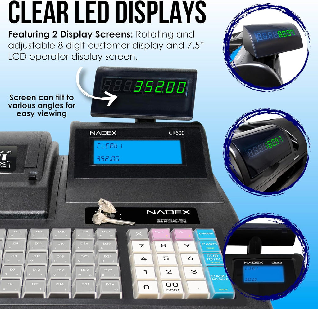 CR600 Cash Register, 9500 PLU Lookups 60 Dept 50 Clerks, 5 Bill 8 Coin Compartments 2 Check Slots Heavy Duty Steel