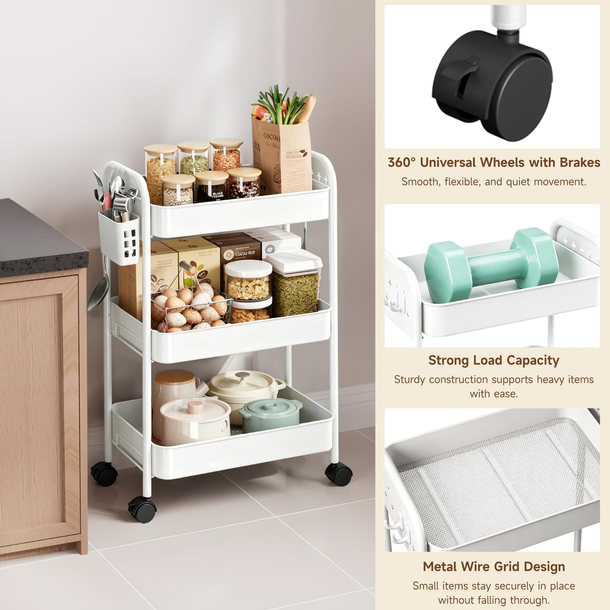Heavy-Duty Rolling Cart 3 Tier Metal Utility Storage Cart
