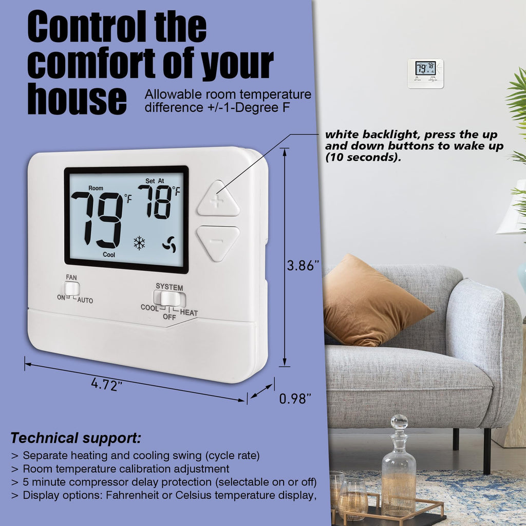 Heagstat Non-Programmable Thermostat for Home Conventional Single-Stage System, up to 1 Heat/ 1 Cool (with White Backlight)