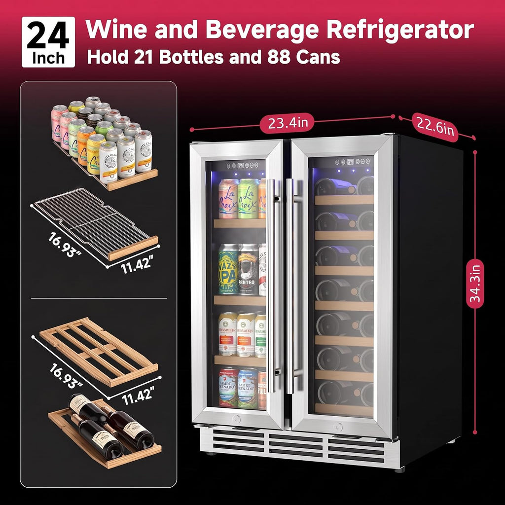 24" Wine and Beverage Refrigerator, 88 Cans &21 Bottles Dual Zone
