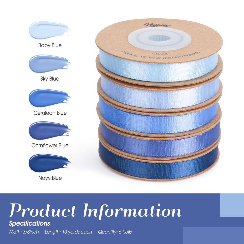 Blue Satin Ribbon Set 3/8" x 50 Yards, 5 Rolls