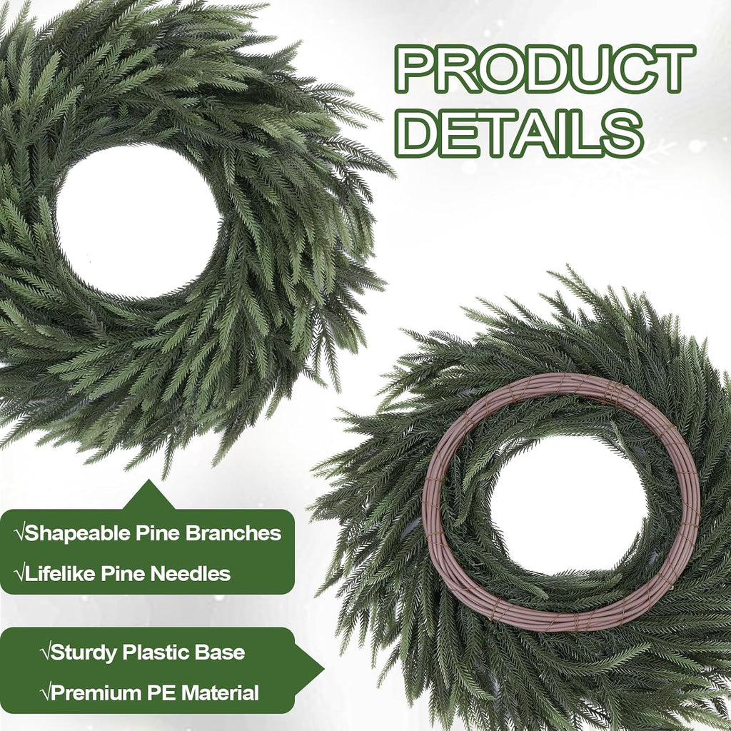 Norfolk Pine Christmas Wreath for Front Door Decoration, 26 in | Green Real Touch Artificial Shapeable Branch, DIY