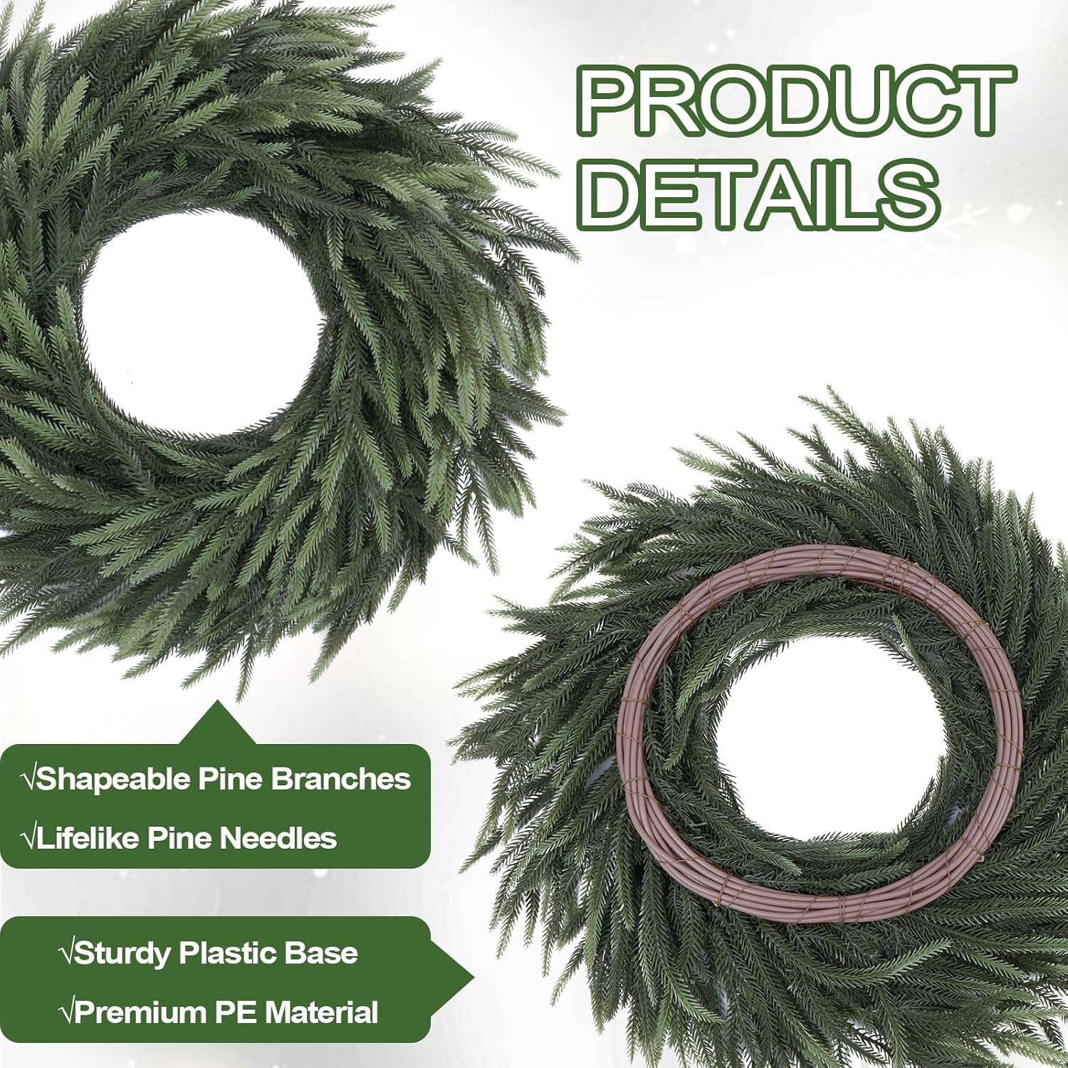 Norfolk Pine Christmas Wreath for Front Door Decoration, 26 in | Green Real Touch Artificial Shapeable Branch, DIY