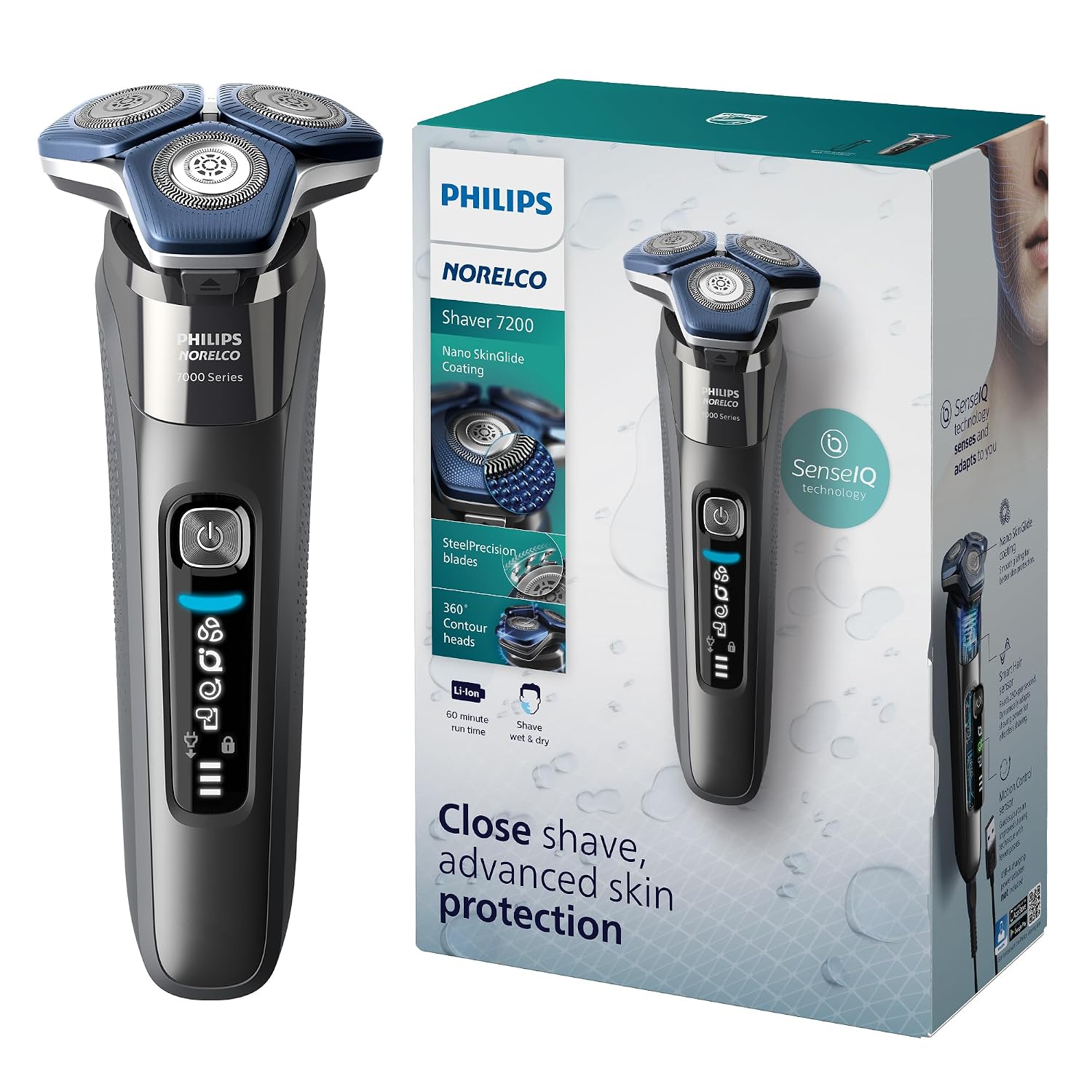 Philips Norelco 7200 Electric Shaver, Dark Chrome | 45 SteelPrecision Blades, SenseIQ Technology, Nano SkinGlide