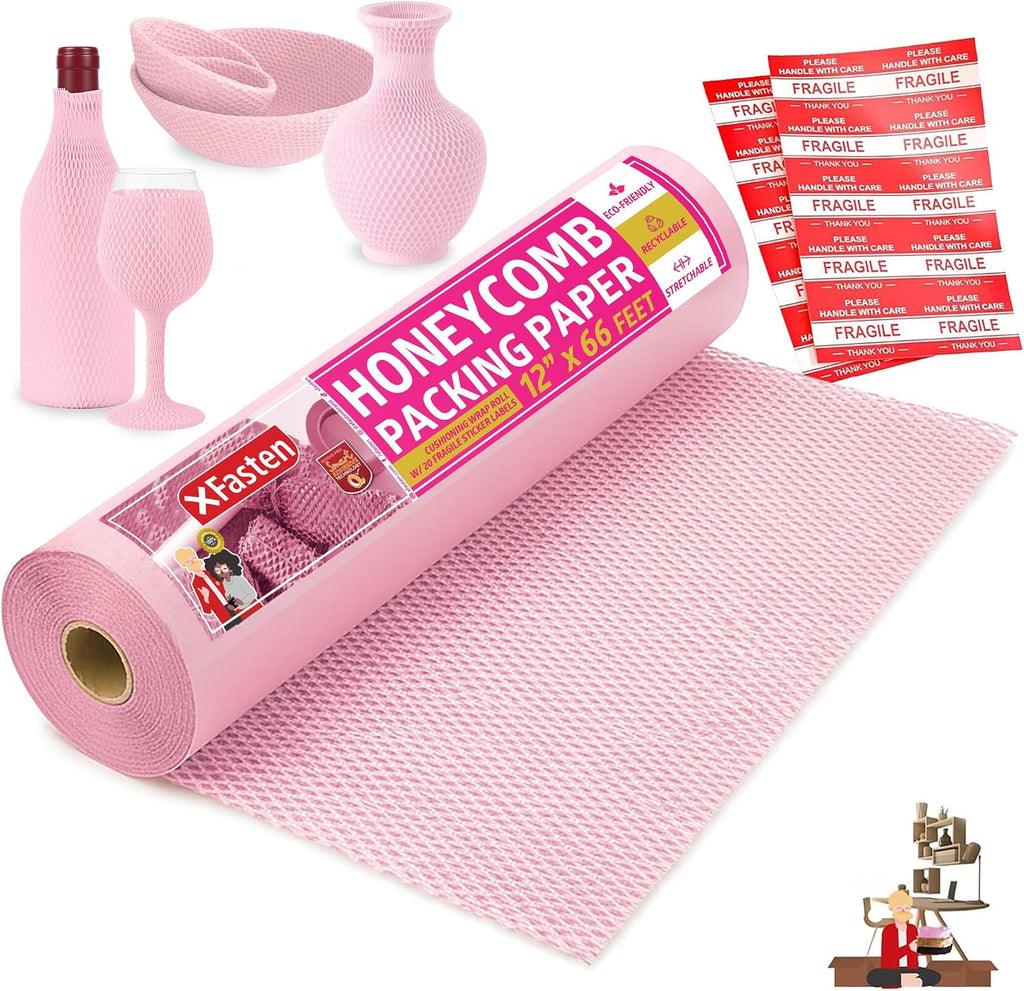 Pink Honeycomb Packing Paper for Moving 12-Inch x 66-Feet Bubble Honeycomb Wrap, Honeycomb Wrapping Paper for Packing