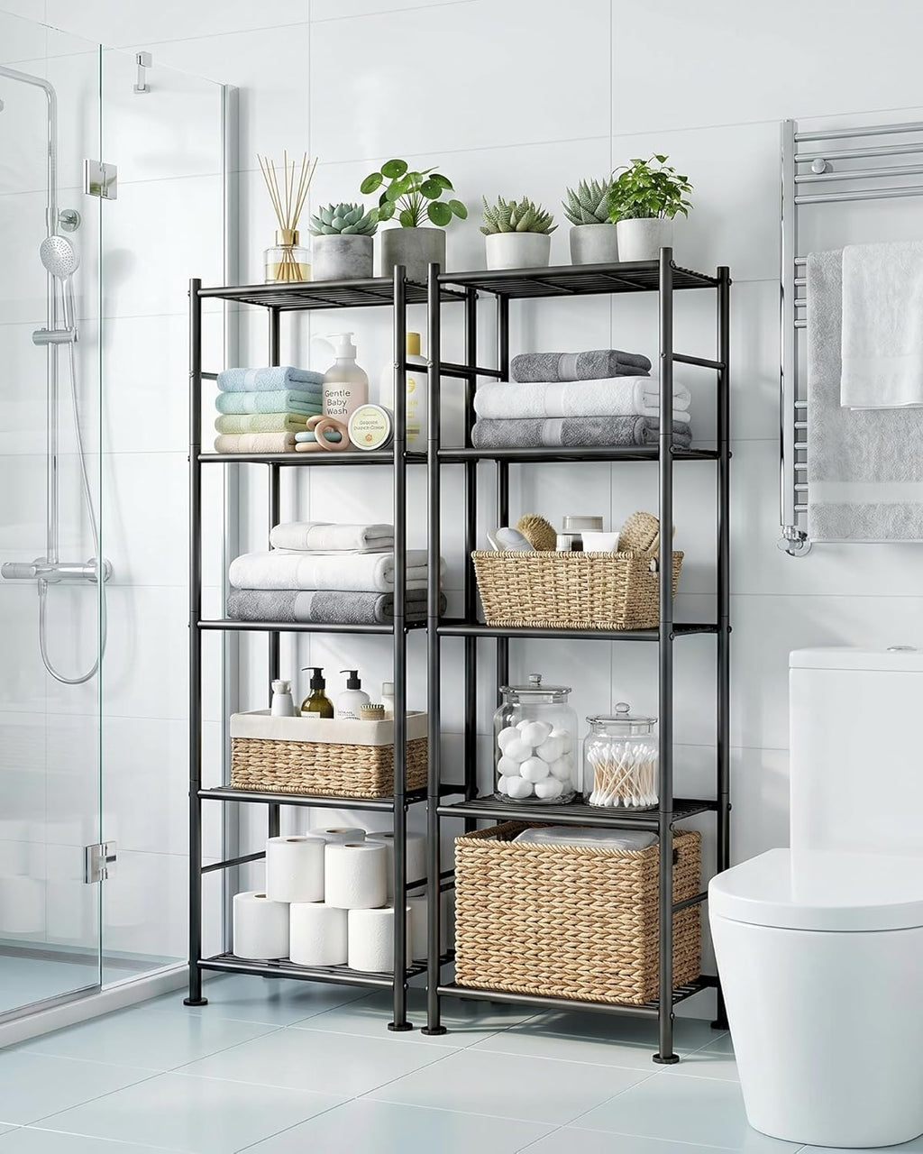 Storage Shelves - Set of 2, 5-Tier Metal Shelf Organizer, Space-Saving Garage Shelving with Leveling Feet, Standing