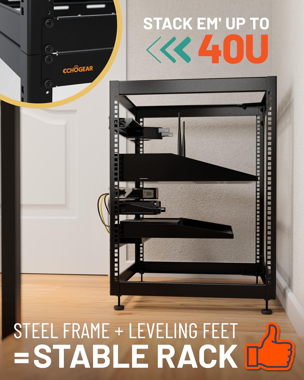 ECHOGEAR 15U Open Frame Rack w/Optimal Air Flow, DIY Assembly, 20.4” Depth
