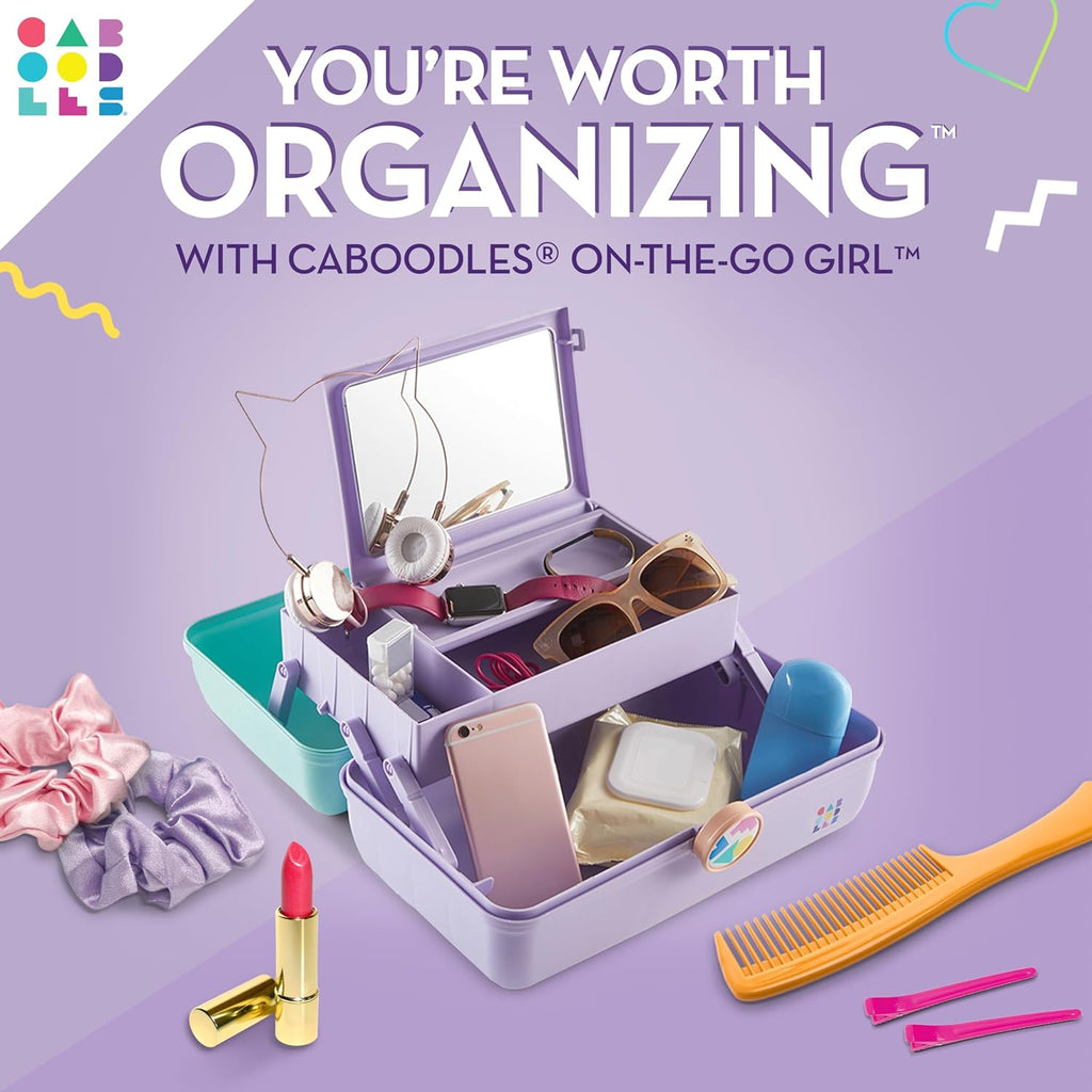 On-The-Go Girl Makeup Box, Seafoam on Lavender, Hard Plastic Makeup Organizer Box, Built-In Mirror, Secure Latch for