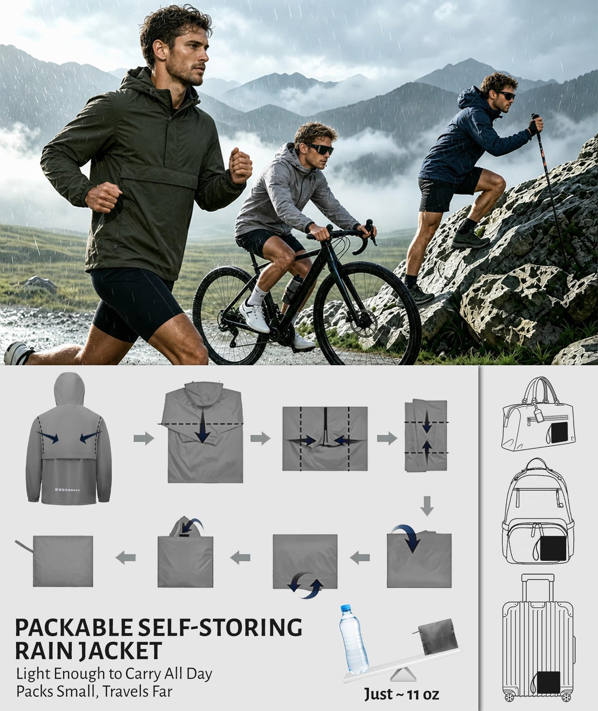 Men's Breathable Pullover Rain Jacket Shell Waterproof Raincoat