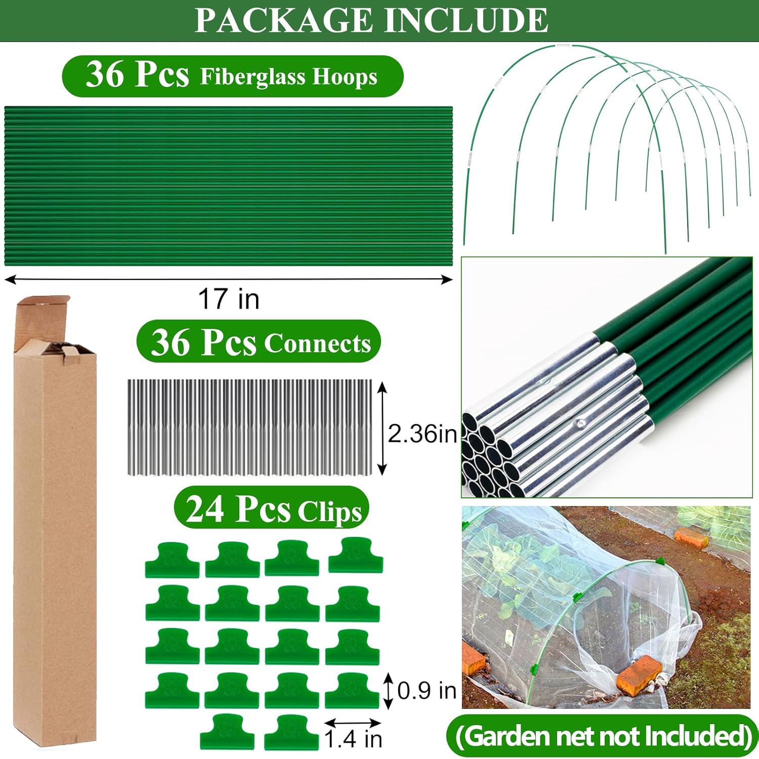 Greenhouse Hoops Grow Tunnel 6 Sets of 8FT Long Garden Hoops, Rust-Free Fiberglass Garden Hoops Frame for Garden