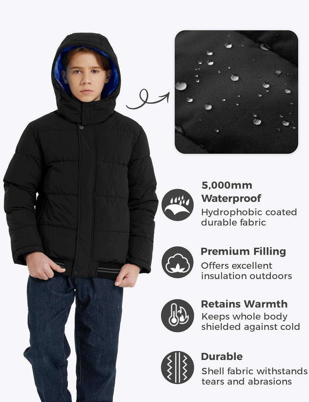 Boys' Winter Coat Waterproof Puffer Jacket with Removable Hood | 5000mm Waterproof,Windproof,Fleece-Lined,Machine