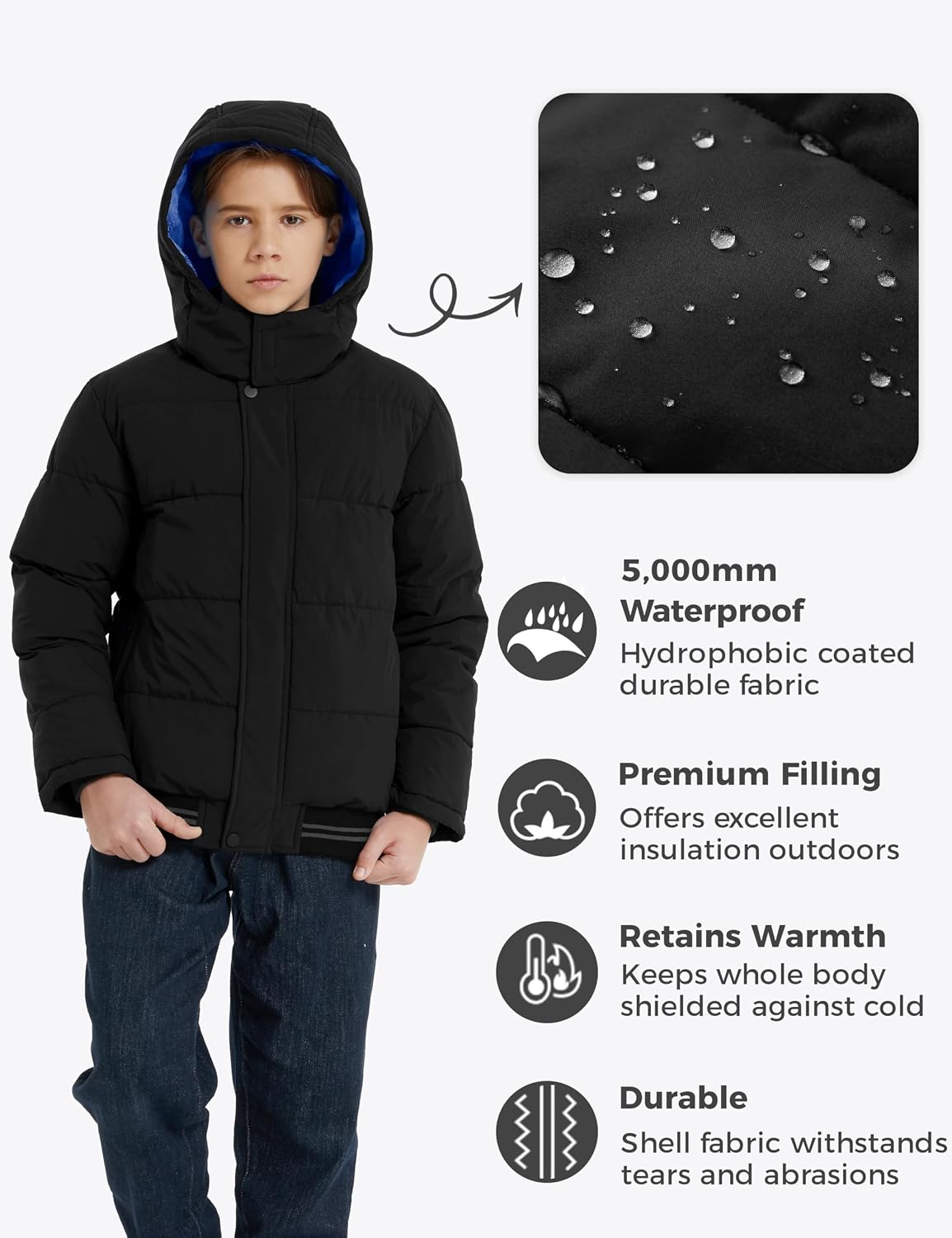 Boys' Winter Coat Waterproof Puffer Jacket with Removable Hood | 5000mm Waterproof,Windproof,Fleece-Lined,Machine