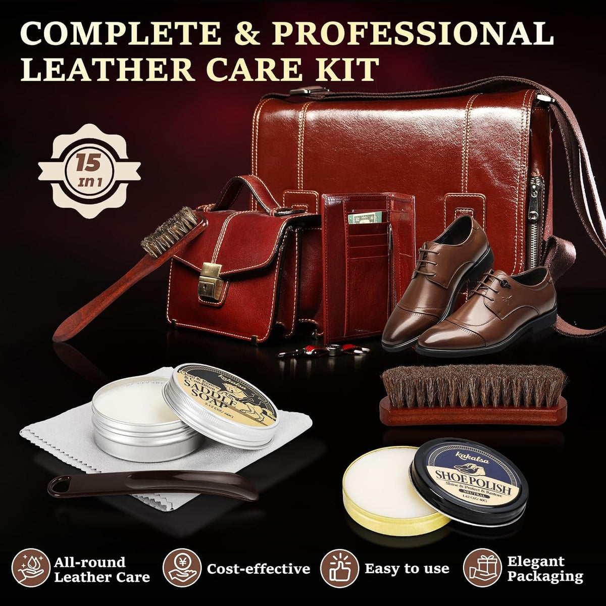 Shoe Shine Kit, Mens Gifts Ideas - 15PCS Shoe Polish Kit with Saddle Soap, Mink Oil, 3 Shoe Polishes, 3 Shoe Brushes
