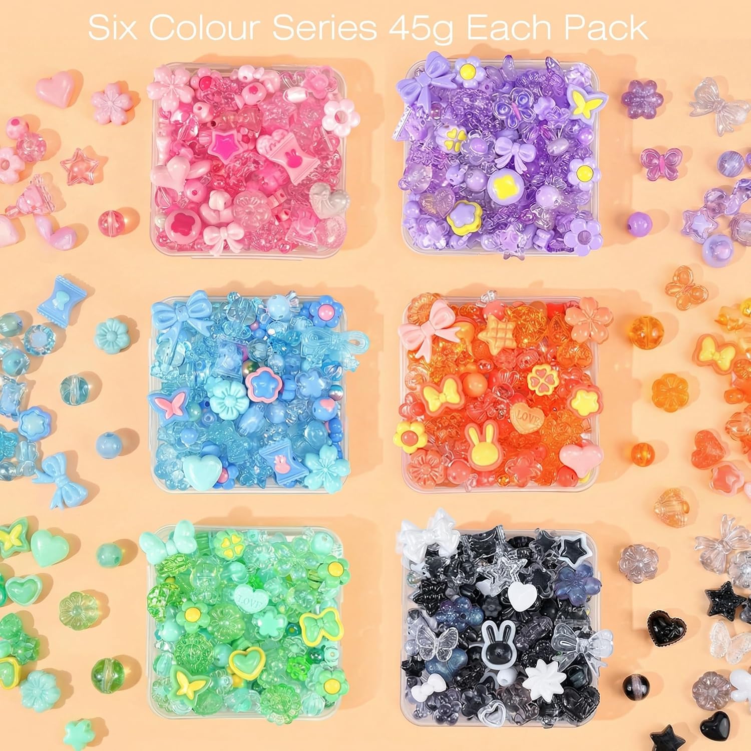 480PCS Acrylic Beads for Bracelet Making Kit with String, 6 Colors Assorted Cute Beads Bracelet Charms for Jewelry