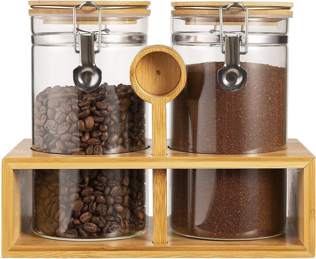 Coffee Container with Shelf: 2P 45OZ Glass Airtight Coffee Holder | Large Capacity Coffee Canister w/Wooden Scoop