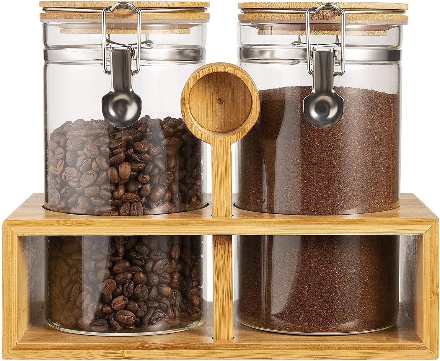 Coffee Container with Shelf: 2P 45OZ Glass Airtight Coffee Holder | Large Capacity Coffee Canister w/Wooden Scoop