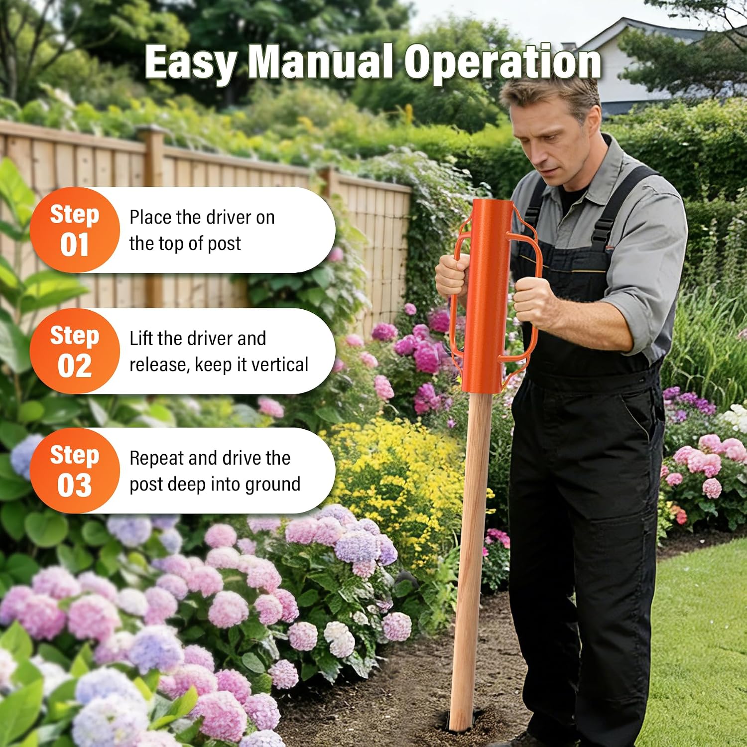 Heavy Duty T Post Driver, 17" Steel Fence Post Pounder with Handles, Orange。8LB