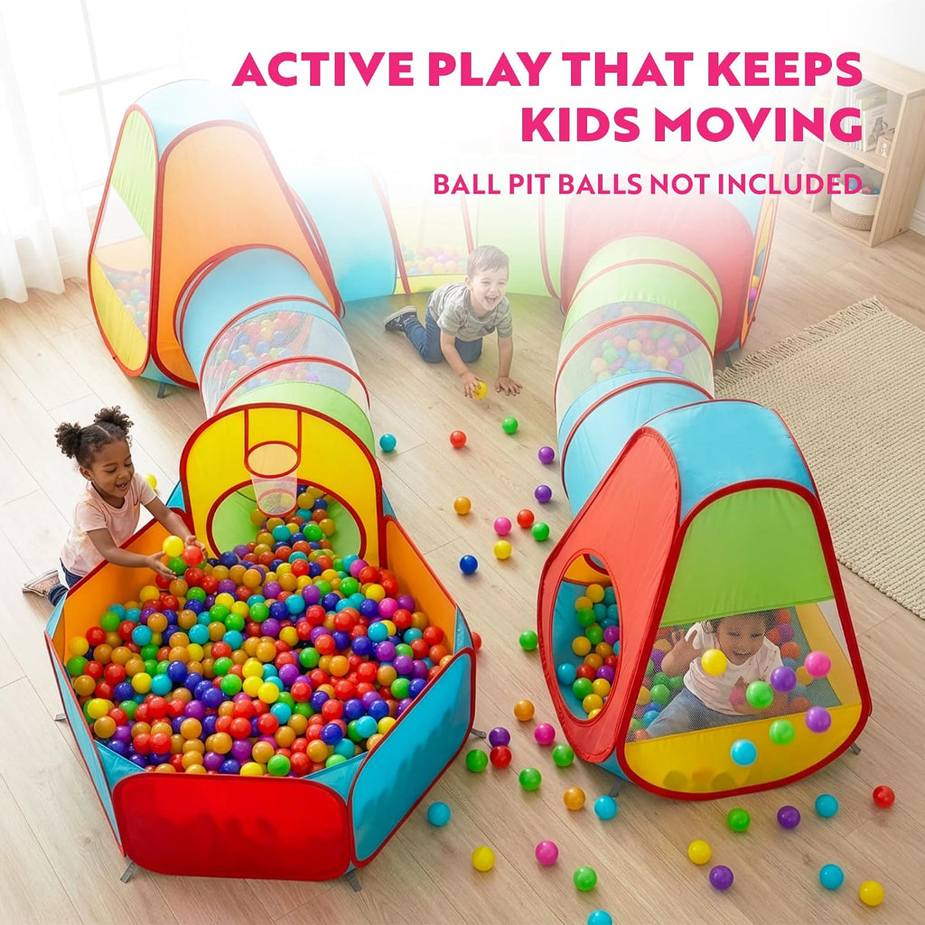 7pc Kids Play Tent with 1 Big Ball Pit for Babies, 3 Play Tunnel for Toddlers, and 3 Pop Up Tents Playhouse Bundle