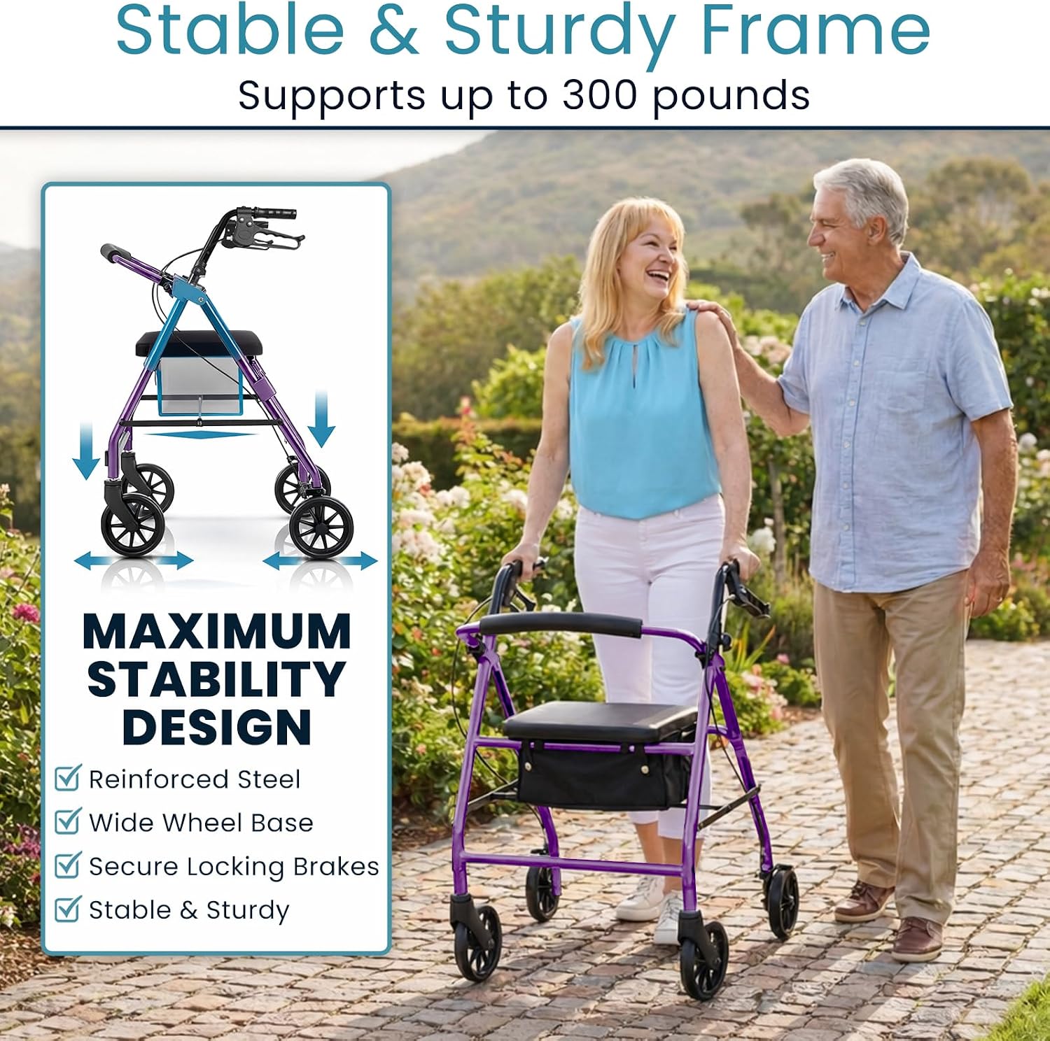 Steel Rollator Walker with Seat - Foldable, Narrow, Rolling Senior Walker for Small Spaces - 4 Wheel Lightweight