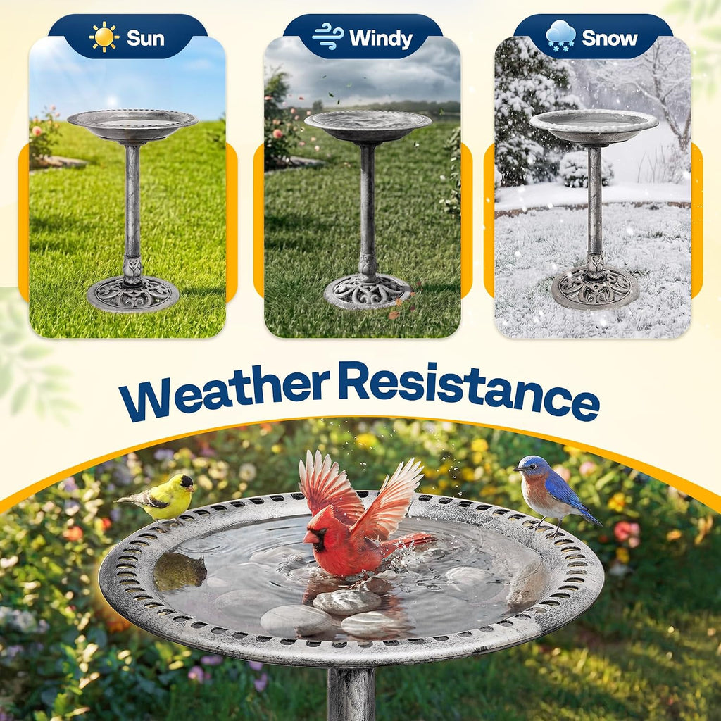 Bird Bath for Outside, Polyresin Pedestal Birdbath, Gray