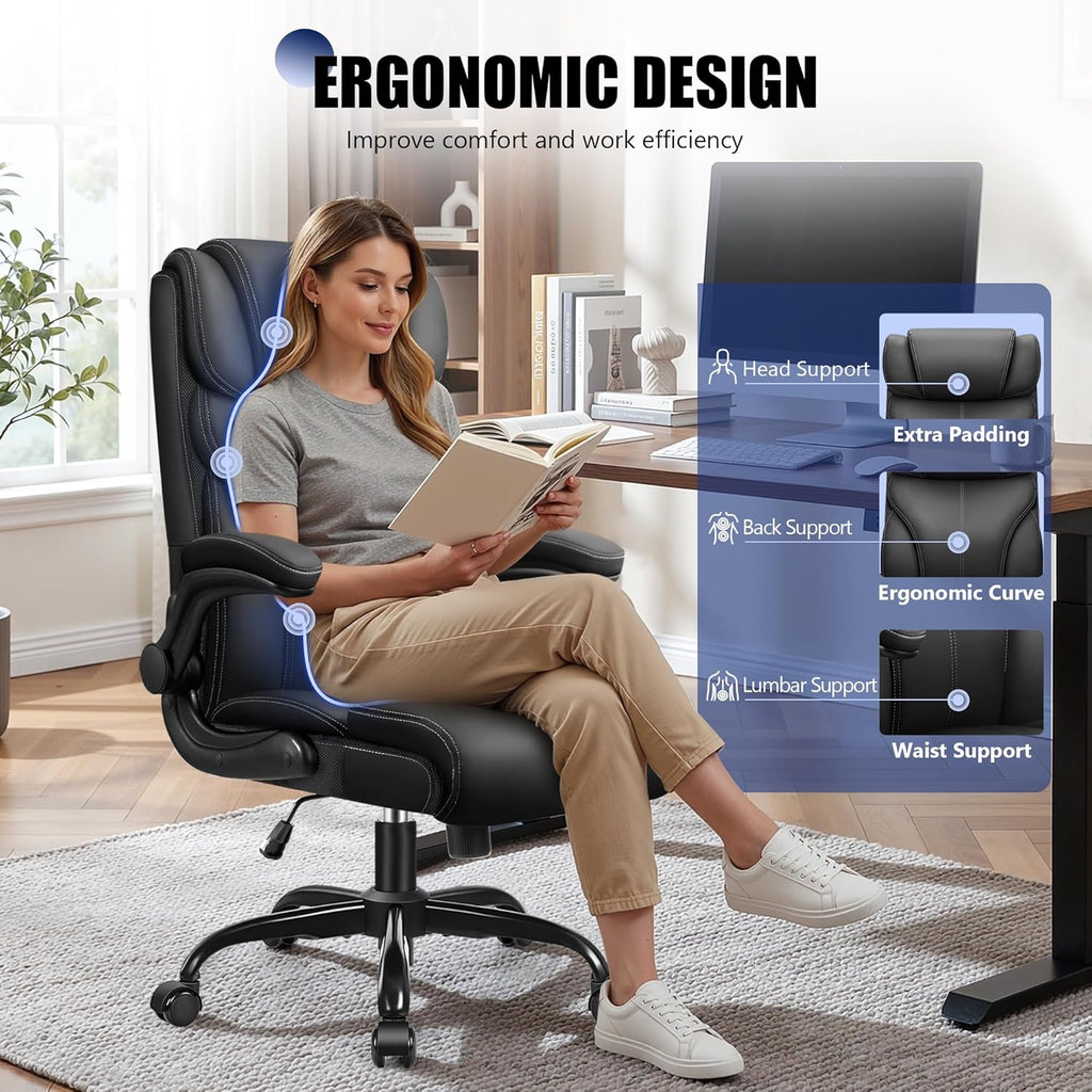 Office Chair, Ergonomic Leather Desk Chair with Flip-up Armrests, Big and Tall High Back Executive Computer & Gaming
