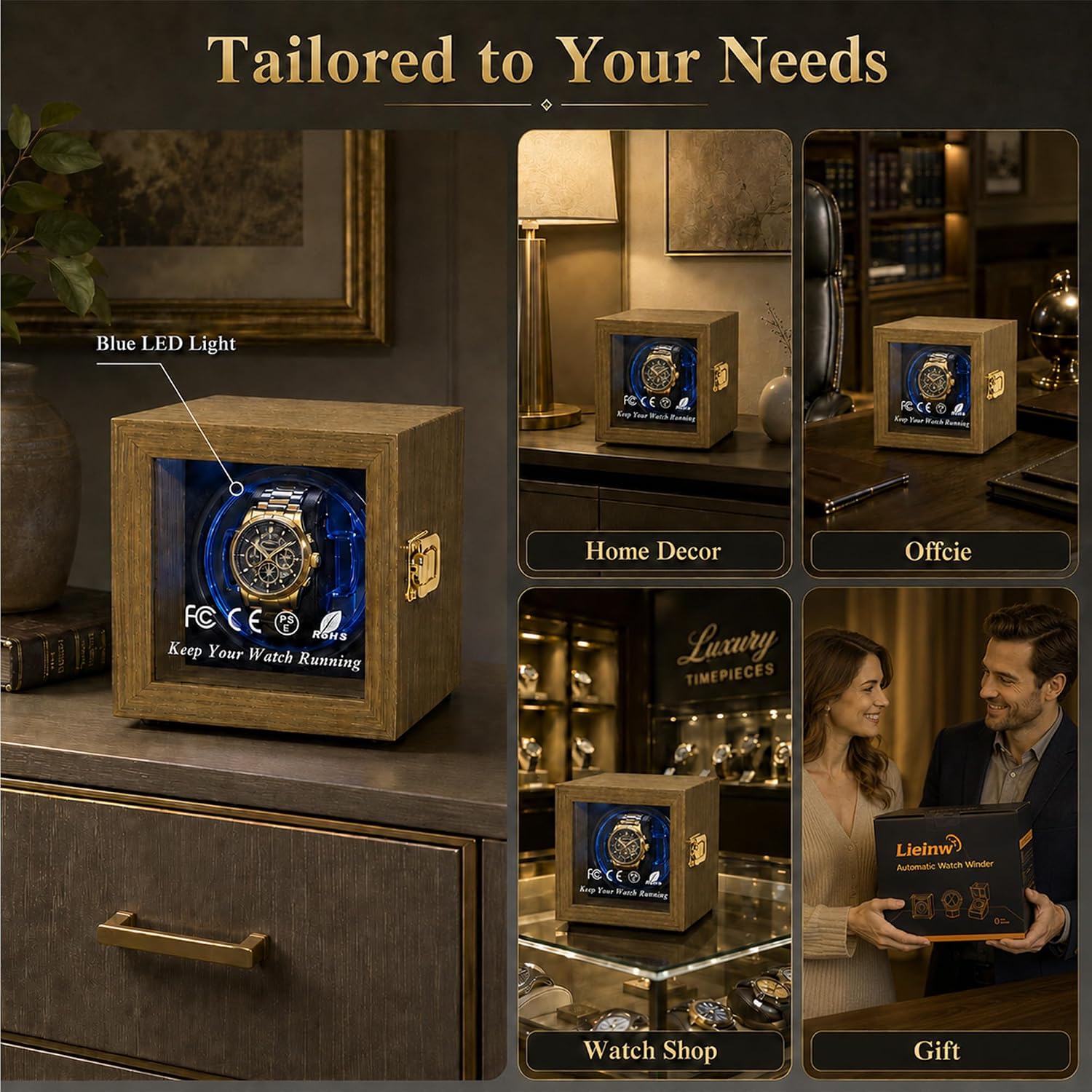 Watch Winder for Automatic Watches, Walnut Single Winding Watch Box with Blue LED & Japanese Quiet Motor for Rolex